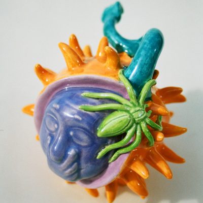 Spider On Funky Punky Conker ceramic sculpture by Tessa Eastman